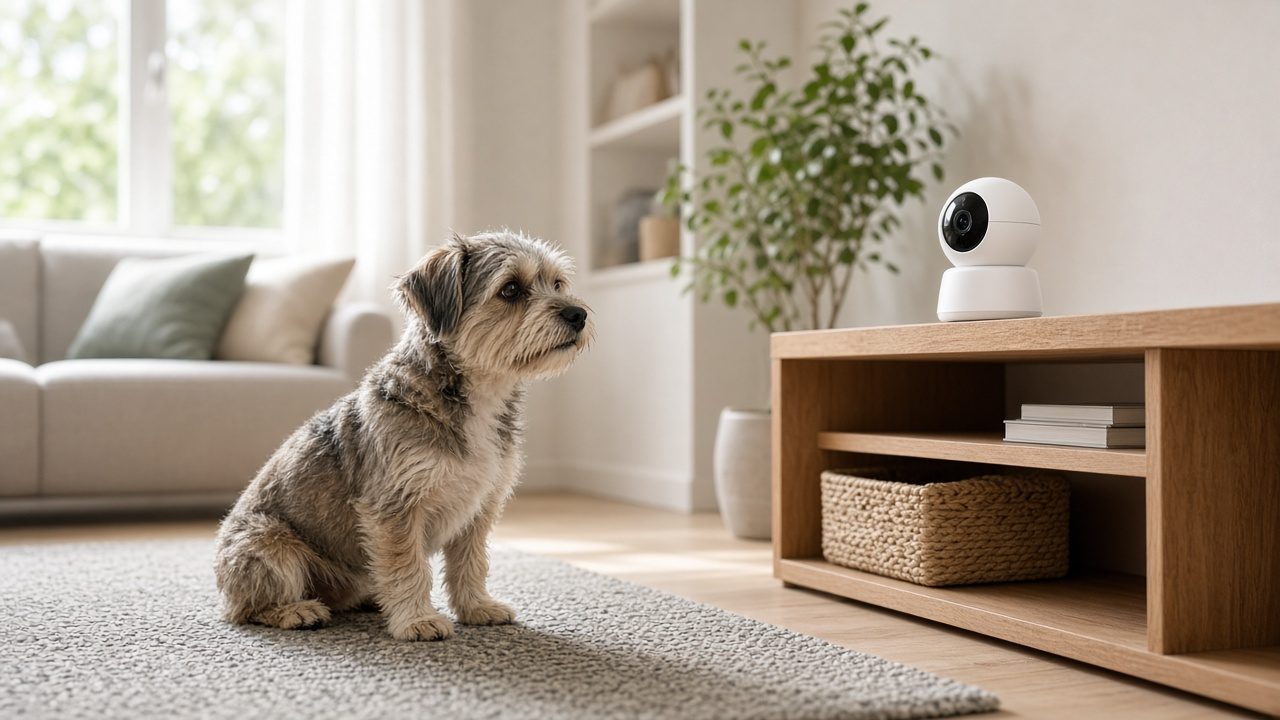 Chien qui regarde une petite caméra au salon