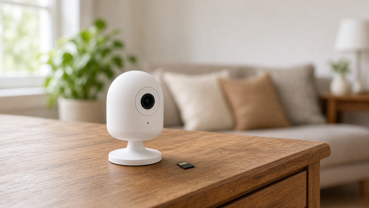 Petite caméra intérieure blanche posée sur une commode, carte mémoire à côté