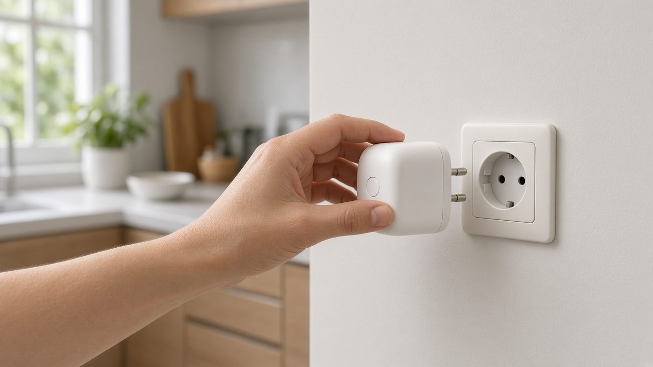 Personne qui branche une prise connectée