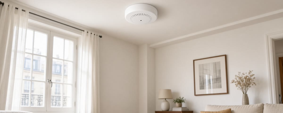 Détecteur de fumée connecté blanc fixé au plafond d’un salon lumineux aux grandes fenêtres