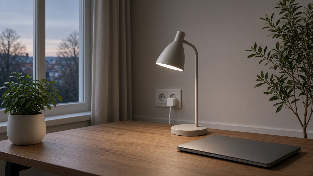 Prise connectée et lampe éteinte le soir