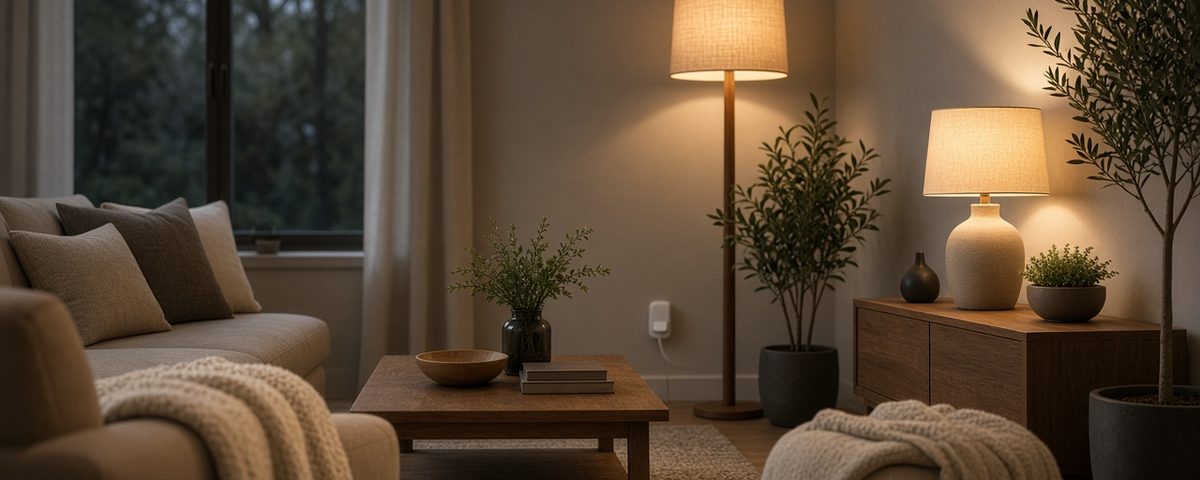 Salon chaleureux avec lumières connectées