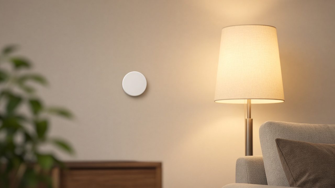 Bouton sans fil collé au mur près d’une lampe