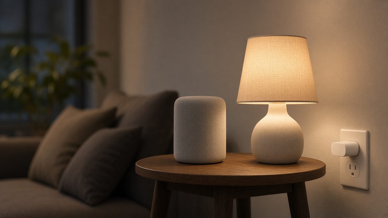 Prise connectée blanche à côté d’une enceinte connectée et d’une lampe allumée