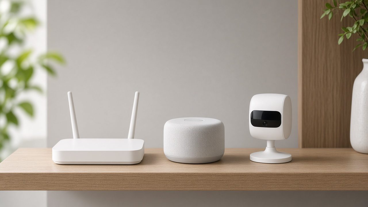 Box Internet et objets connectés sur une étagère