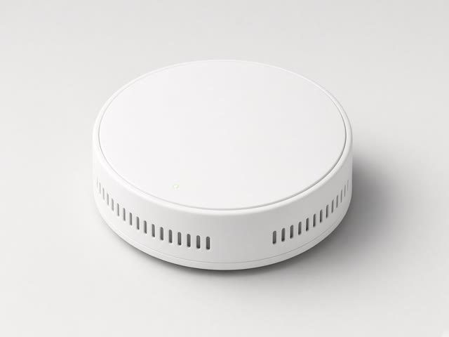 Détecteur de fumée Wi-Fi rond et blanc avec petit voyant lumineux, photo studio