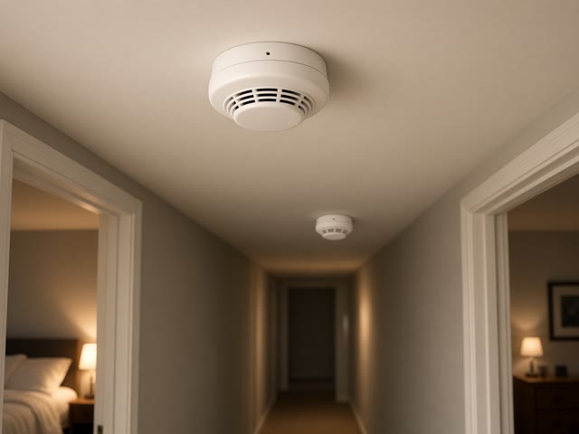 Deux détecteurs de fumée blancs au plafond d’un couloir entre deux chambres